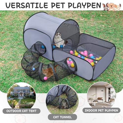 Tailtastic Pet Playpen with Surround Tunnel, Outdoor/Indoor Cat Playpen with Breathable Soft Sides，Tailtastic Cat Enclosure Tent for Small Animals, Portable Tent with Carry Bag (Medium)