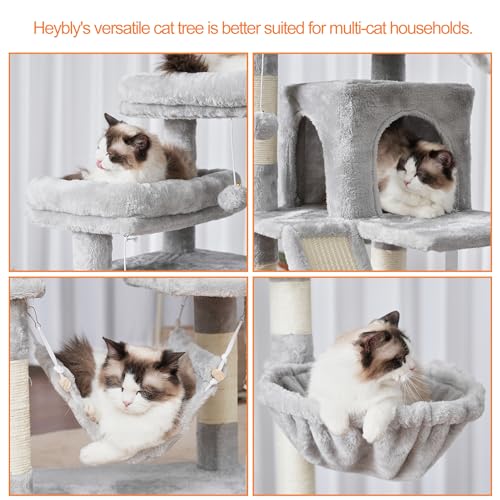 Heybly Cat Tree, 71-Inch-Tall Tower for Indoor Cats with 2 Perches, 2 Big Condos, 2 Hammocks, Basket, Scratching Pad, Large Cat Furniture and Condo, Light Gray HCT034W