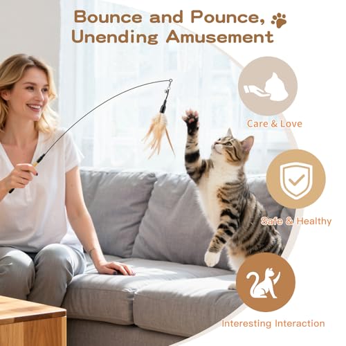 Pawaboo Feather Teaser Cat Toy - Interactive Wand with Extra Long 34.5" Wand and Small Bell, Fun Exerciser Playing Toy for Kittens or Cats, Brown Feather