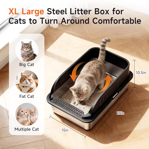 Extra Large Stainless Steel Litter Box with Lid, XL Odor Free Metal Litter Box with High Sides for Big Cats, Open Top Easy Cleaning Kitty Box Anti-Urine Leakage, Non-Sticky, Include Scoop, Black