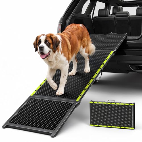 74" L x 20" W Extra Long Dog Ramp for Car - Wider Portable Pet Ramp for Large Dogs, Foldable Dog Car Ramps for Truck, SUV, RV & Bed, Outdoor Dogs Ramps with Non-Slip Mesh Supports Up to 250LBS, Black
