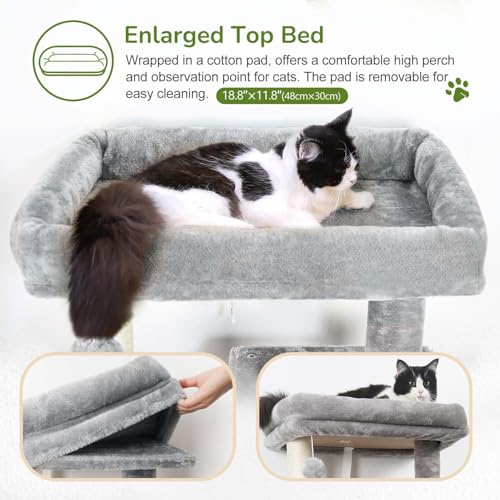 Globlazer Cat Tree Tower with Scratching Post for Indoor Cats, 53inch Tall Plush Multi-Level Cat Climbing Tower Condo House with Large Hammock, Spacious Cat Cave, Padded Top Perch Bed, F53, Light Gray