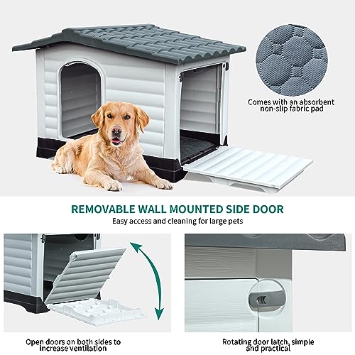 DWVO 2-Door Large Dog House with Elevated Base & Cushion, Weather-Resistance Dog Bed House for Indoor/Outdoor Use, Easy Assembly Pet House for Small to Large Dogs (43.7''L x 33''W x 31.6''H)