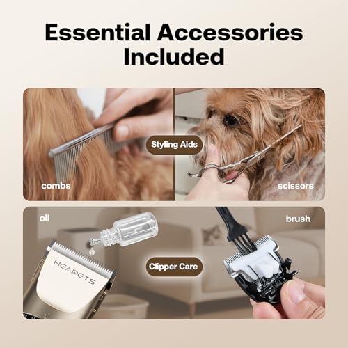 HEAPETS Dog Grooming Clippers, Low Noise, Electric Quiet, Adjustable Clipper Comb, Rechargeable Cordless Dog Hair Clippers for Dogs Cats Pets, Gold