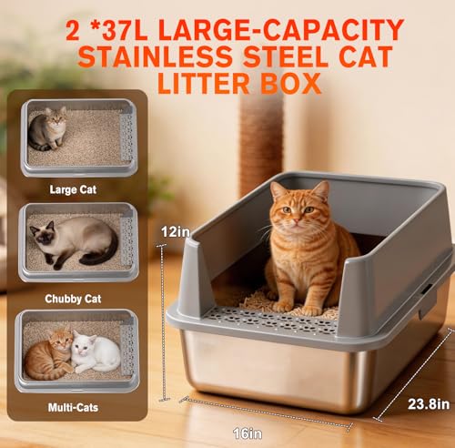 2PACK Stainless Steel Litter Box, Metal Litter Boxs with Lid High Sides, XL Extra Large Litter Box for Big Cats, Never Absorbs Odors, Leak-Proof, Stain-Free, Rust-Free, Easy to Clean, Scoop Included