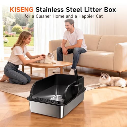 Extra Large Stainless Steel Litter Box with Lid, XL Odor Free Metal Litter Box with High Sides for Big Cats, Open Top Easy Cleaning Kitty Box Anti-Urine Leakage, Non-Sticky, Include Scoop, Black