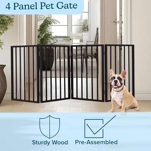 Pet Gate - 4-Panel Indoor Foldable Dog Fence for Stairs, Hallways, or Doorways - 72x24-Inch Wood Freestanding Dog Gates by PETMAKER (Black)