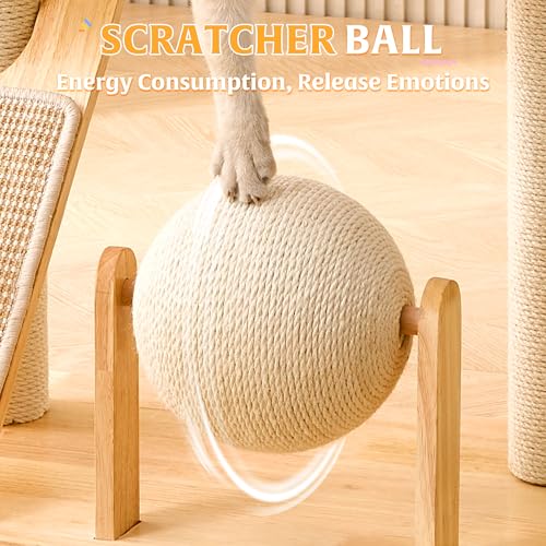 HITTITE Solid Wood Cat Tree Tower with Scratching Post, 37.8 Inches Tall Cat Towers with Scratching Board and Scratcher Ball, Modern Cat Tower With Space Capsule and Removable Top Bed for Indoor Cats.