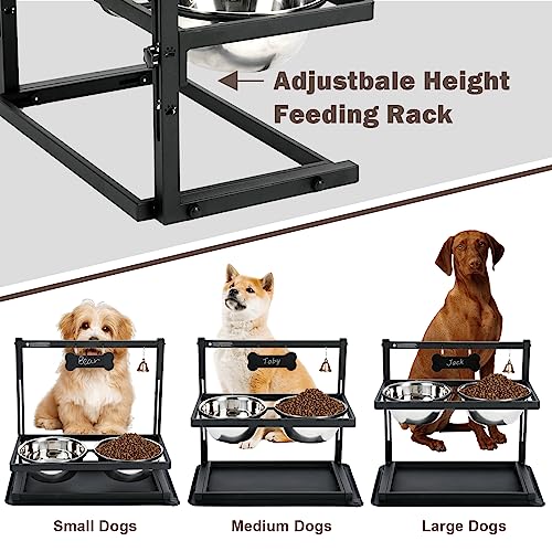 Elevated Dog Bowls with Slow Feeder for Large Dogs – Adjustable Raised Stand with 2 Stainless Steel Bowls & Spill-Proof Mat, Non-Slip Dog Feeder for Large & Medium Dogs (Black)