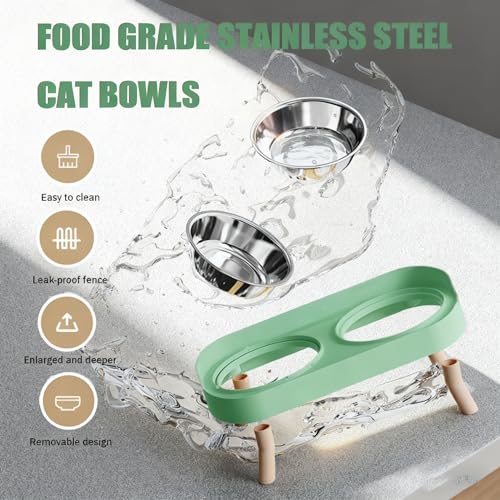 Elevated Cat Bowls, 2 Stainless Steel Raised Cat Food and Water Bowl Set, Splash Proof & Non-Slip, Whisker Fatigue Friendly, Dishwasher Safe for Cats and Small Dogs - Green