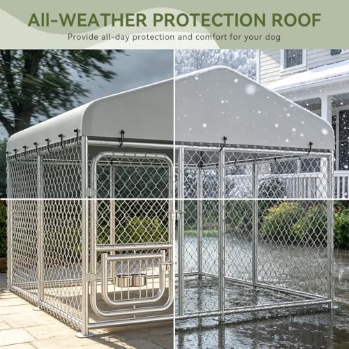 COMHOMA 7.5×7.5FT Dog Kennel Outdoor with Adjustable Bowls Feeder,Large Metal Dog Enclosure with Weather-Resistant Cover,Lockable Gate for Medium Large Dogs (Gunmetal, 7.5x7.5FT (90x90in))