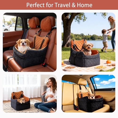 TOPOmerice Elevated Dog Car Seat for Small Dogs – Luxurious Dutch Suede Leather Pet Booster with Adjustable Safety Leash, Non-Slip Base, Washable Cover, Cozy Travel Bed for Pets up to 30 lbs