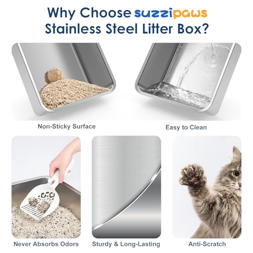 Suzzipaws Stainless Steel Litter Box with Lid, 17.3”×13.4”×9" Kitty Litter Box for Kittens & Small Pets, High Sides Metal Cat Litter Box for Leak Proof, Easy to Clean, Non-Stick, Odor Control