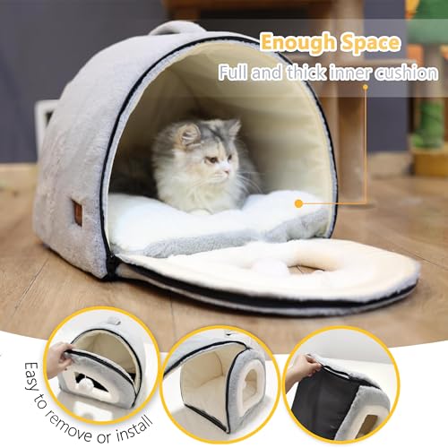 OMIVIER Cat Bed for Indoor Cats，Foldable cat cave，Anti-Slip & Water-Resistant Bottom，cat Houses for Indoor Cats or Small Dogs, Kitten Tent, Rabbit Bed，2 in 1 pet Bed (Grey)