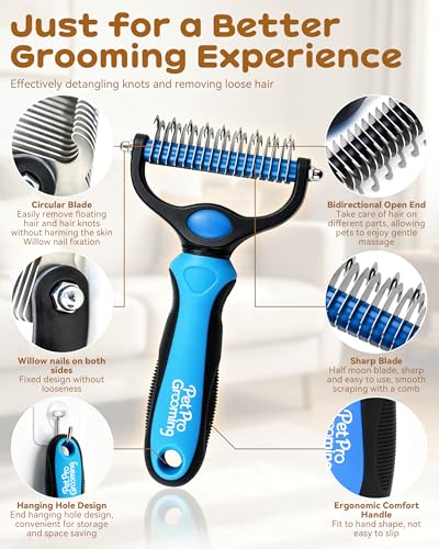 Pet Pro Grooming, Pet Pro Grooming Tool, Dematting Comb for Dogs and Cats, Deshedding Dog Brush, Undercoat Rake for Dogs, Removes Tangles Knots and Loose Fur, Grooming Tool for Thick Coats (Blue)