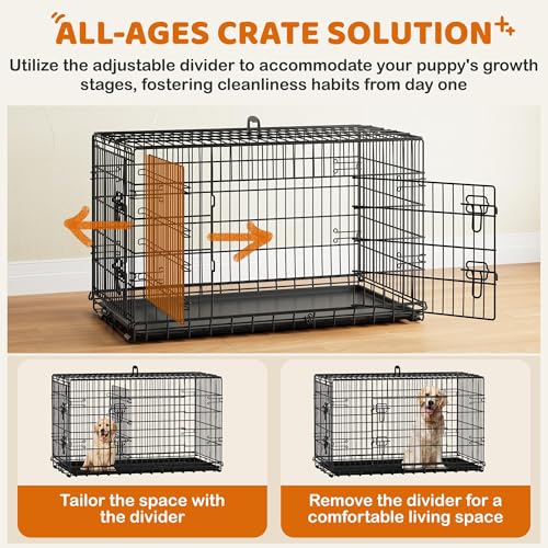 Yaheetech 42 inch Double Door Dog Crate w/Divider for Puppy, Collapsible Metal Dog Kennel with Removable Tray, Portable Travel Cage, Black