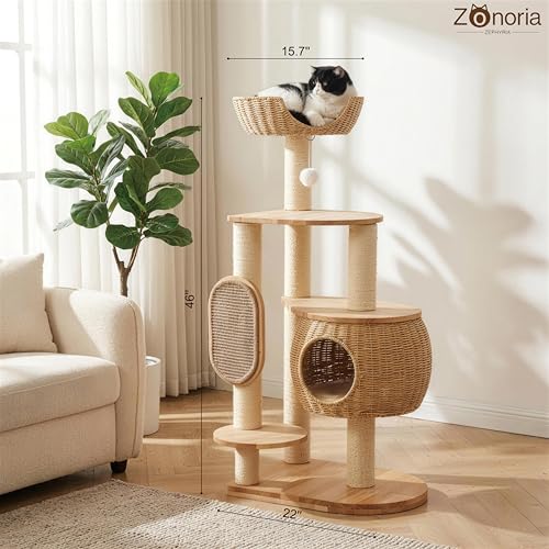 Modern Cat Tree，Cat Tower with Scratching Post, Handwoven Pumpkin Nests and Baskets,Sisal Blanket