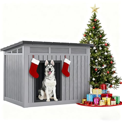 Fancyango Large Dog House for Indoor & Outdoor - Weatherproof & Removable Roof, Fits Small to Large Dogs (42.8" L x 33" W x 31.5" H) - Grey