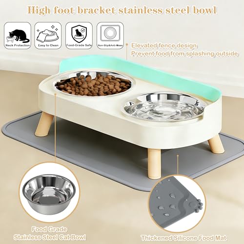 DIRZHX Elevated Cat Bowls with Food Mat, Splash Proof Anti Vomiting Raised Cat Food and Water Bowl Set, 2 Stainless Steel Dishes for Cats and Puppy, Pet Bowl for Indoor Cats White