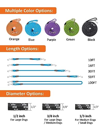 Long Dog Leash for Training 10FT/16FT/20FT/30FT/50FT/100FT, Reflective Tie Out, Heavy Duty Dog Lead for Large, Medium & Small Dogs - Outside Walking, Playing, Camping, Yard