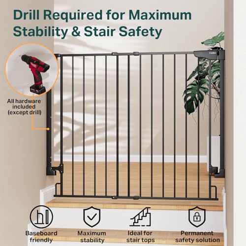 Cumbor 34" Extra Tall No Bottom Bar Baby Gate for Stairs, Hardware Mounted Dog Gate Indoor for Larger Pets, Expandable 29.2-43" Safety Gate for Doorways, Wide Walk Thru Door for Easy Access (Black)
