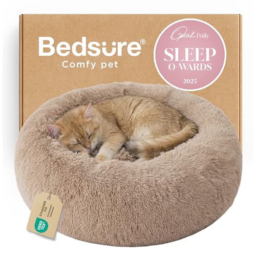 Bedsure Calming Cat Beds for Indoor Cats - Small Cat Bed Washable 20 inches, Anti-Slip Round Fluffy Plush Faux Fur Pet Bed, Fits up to 15 lbs Pets, Camel