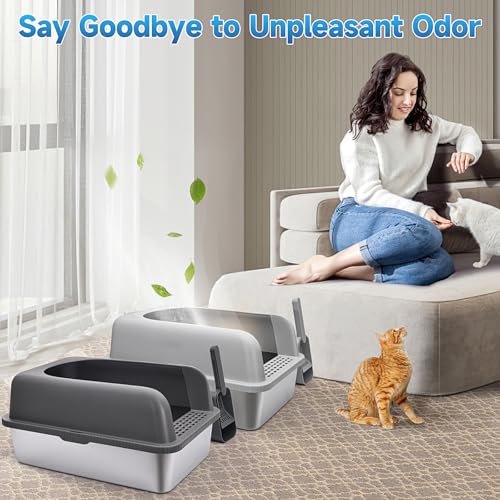 2 Pack Stainless Steel Cat Litter Box with Lid, XL Extra Large Metal Box for Big Cats, 24" L x 16" W x 12" H, Enclosed Litter Box High Sided, Non-Sticky, Include Litter Scoop