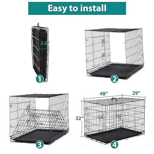 48 Inch Extra Large Dog Crates for Medium Dogs Double-Door Folding XXL Dog Crates for Large Dogs Indoor/Outdoor Dog Cages for Large Dogs Metal Wire Dog Kennel with Plastic Tray and Handle(Black)