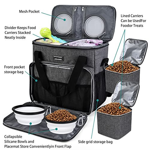 BAGLHER Dog Travel Bag, Pet Travel Bag (ALL Pet Travel Supplies), With 2 Pet Food Containers and 2 Collapsible Silicone Bowls; Essential Kits for Pet Travel Grey