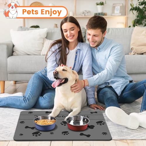Pet Feeding Mat-Absorbent Pet Placemat for Food and Water Bowl, with Waterproof Rubber Backing, Quick Dry Water Dispenser Mat for Dog and Cat (27"x17", Striped Dark Gray)