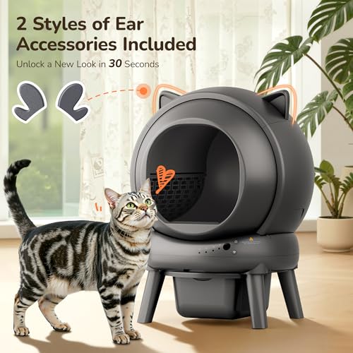 FurryKiddy Automatic Self Cleaning Litter Box, Cat Litter Box with APP Control, 65L Globe & Dual Safety Sensors, Robot Litter Box, 1 Roll Garbage Bags and Litter Mat, <35DB, for Multiple Cats, Grey