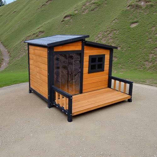 WHEGETED Large Dog House Outdoor Indoor for Small Medium Large Dog, Wood Insulated Dog Kennel Home with Durable Weatherproof Asphalt Roof and Elevated Floor Outside Shelter Brown 39x37x30 Inches