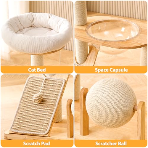 HITTITE Solid Wood Cat Tree Tower with Scratching Post, 37.8 Inches Tall Cat Towers with Scratching Board and Scratcher Ball, Modern Cat Tower With Space Capsule and Removable Top Bed for Indoor Cats.