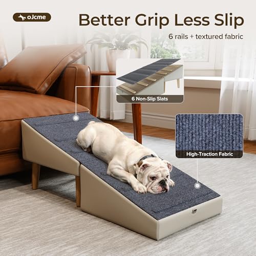 OJCME 2 in 1 Ottoman Dog Ramp with 6 Fabric-Covered Anti-Slip Grip Rails, Paw-Friendly Full Fabric Surface, 15.7 in Wide Stable Folding Pet Ramp Stool for Couch Bed, 4 Leveling Feet, 150 lb Capacity
