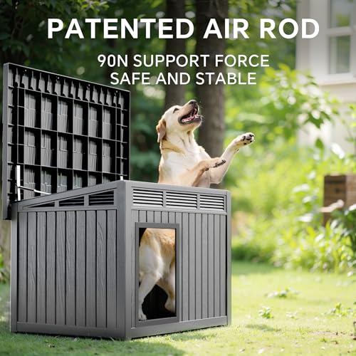VIXZEN Dog House Outdoor, Indoor Dog House Medium Size Dog with Weatherproof PP Resin Material, Doghouse Outdoor with Openable Roof for Easy Cleaning, Sloped Roof, Air Vents, Easy Assembly (Gray)
