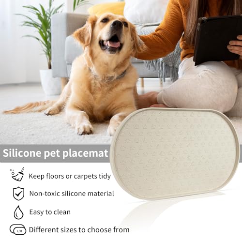 KPWACD Pet Feeding Mat for Dogs and Cats, Silicone Dog Placemat Non-Slip Waterproof Bowl Mats Prevent Food and Water Overflow, High-Lips Puppy Dish Tray Mat Suitable for Large Medium Small Pets, Beige