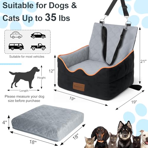 wagnation Dog Car Seat for Small/Medium Dogs Under 35lbs, Pet Booster Seat with 4In Memory Foam Cushion, Fully Detachable and Washable, Travel Dog Carseat with Storage Pocket and Safety Belt