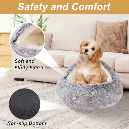 Hooded Dog Bed for Small Dogs, Nest Dog Beds, Washable Cute Cat Cave Bed, Cozy Nook Pet Bed for Dogs or Cats, Anti-Slip Puppy Bed Fits up to 22 lbs Pets(Grey, 20" x 20")