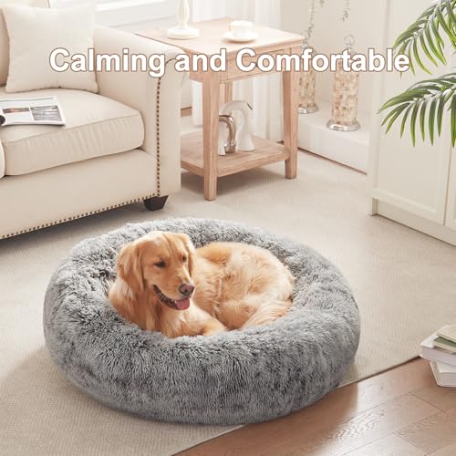 BedStill 36 inches Donut Dog Bed for Large Dogs - Calming Fluffy Round Pet Bed with Removable & Washable Cover,Fits up to 80 lbs Pets (Dark Grey,Large)