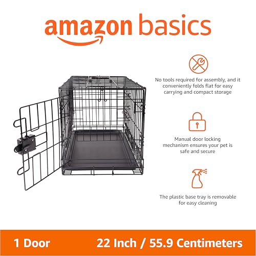 Amazon Basics Portable, Foldable Metal Wire Dog Crate with Removable Tray, Single Door, Divider Panel, Collapsible for Travel, 22 x 13 x 16 in, Black