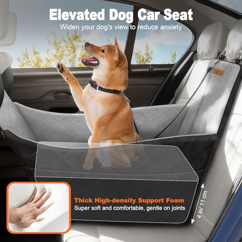 Tivray Elevated Dog Car Seat, Dog Booster Car Seats for Small & Medium Breeds Up to 35lbs, Fully Detachable and Washable, Soft Foam Pet Carseat with 2 Storage Pockets & 3 Safety Belts, Black & Gray