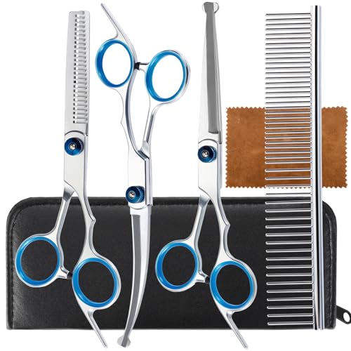 5 in 1 Premium Dog Grooming Scissors, Professional Dog Scissors for Grooming with Safety Round Tips, Lengnoyp Stainless Steel Thinning Shears, Pet Cat Shears for Grooming Kit
