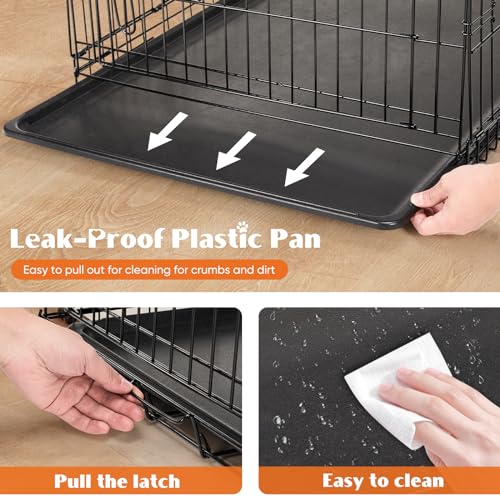 Sweetcrispy 42 Inch Dog Crate, Medium Large Crates Double Door Folding Metal Wire Dog Cage with Plastic Leak-Proof Pan Tray, Pet Kennel for Indoor, Outdoor, Travel