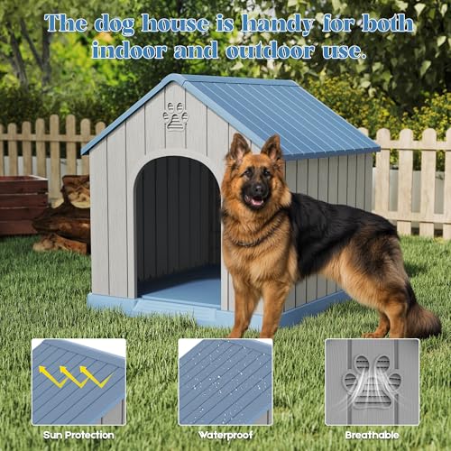 Fancyango Large Dog House Outdoor Indoor for Medium Large Dogs, Sturdy Plastic Waterproof Doghouse with Air Vents and Elevated Floor, Easy Clean and Assemble (Light Blue, 36.2''L×38''W×38''H)