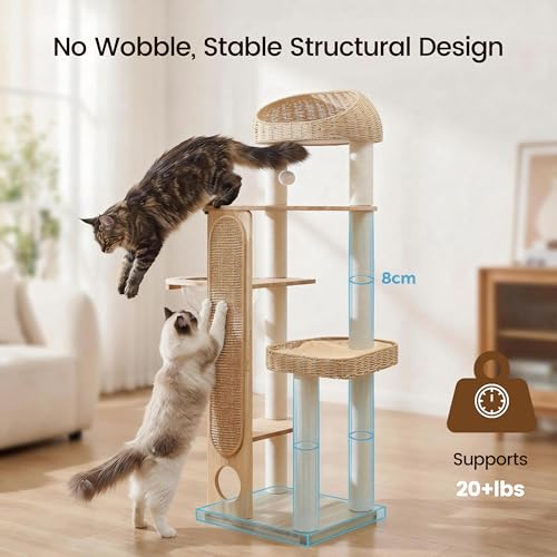 59-inch Cat Tree，Cat Tower with Scratching Post,Extra Long Sisal Blanket, Handwoven Basket & Space Capsule Nest
