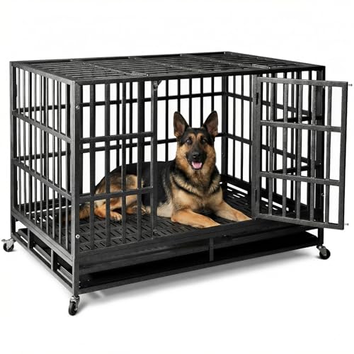 NUGRIART Escape-Proof Heavy Duty 38" Dog Crate, Indestructible Steel Kennel for Large & High-Anxiety Dogs with 300Lbs Capacity, Double Door Design with 4 Locking Wheels and Reinforced Baseplate.