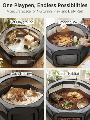 UWE Extra Large Small Animal Playpen, XL Portable Pet Playpen for Rabbit, Kitten, Guinea Pig, Hamster, Puppy – Waterproof Foldable Mesh Tent with Zipper Cover, Indoor Outdoor Use, Dark Grey