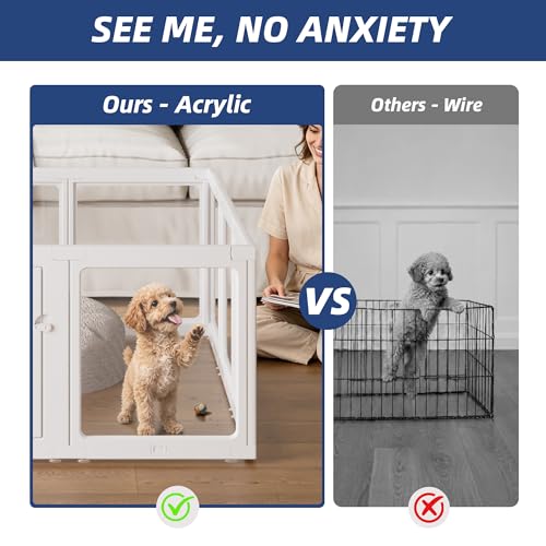 ClimbHope Clear Acrylic Dog Playpen Indoor, Puppy Cat Small Pet Play Pen, Pet Cat Playpen for Rabbits, Dog Fence Crate Kennel Whelping Cage (24", White, 10 Panels)