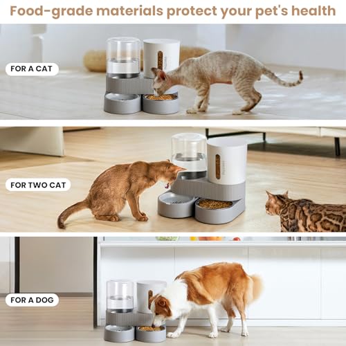 2 Pack Automatic Cat Feeder Stainless Steel Water Dispenser Gravity Food Feeder and Waterer Set with Pet Food Bowl for Small Medium Kitten Puppy Pets Large Capacity(Grey)