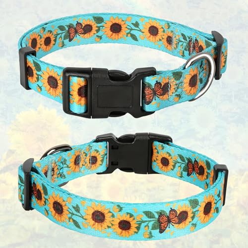 HEELE Dog Collar, Adjustable Soft Dog Collar for Small Medium Large Dogs,Sunflower Floral Patterned Puppy Collars with Quick Release Buckle Sunflower Green S Length 9.84''-14.96'